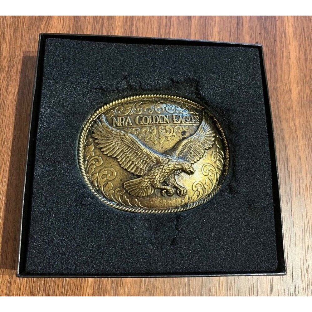 NRA Belt Buckle L Gold Eagle National Rifle Association Brass Novelty Sports 80s - Picture 4 of 9
